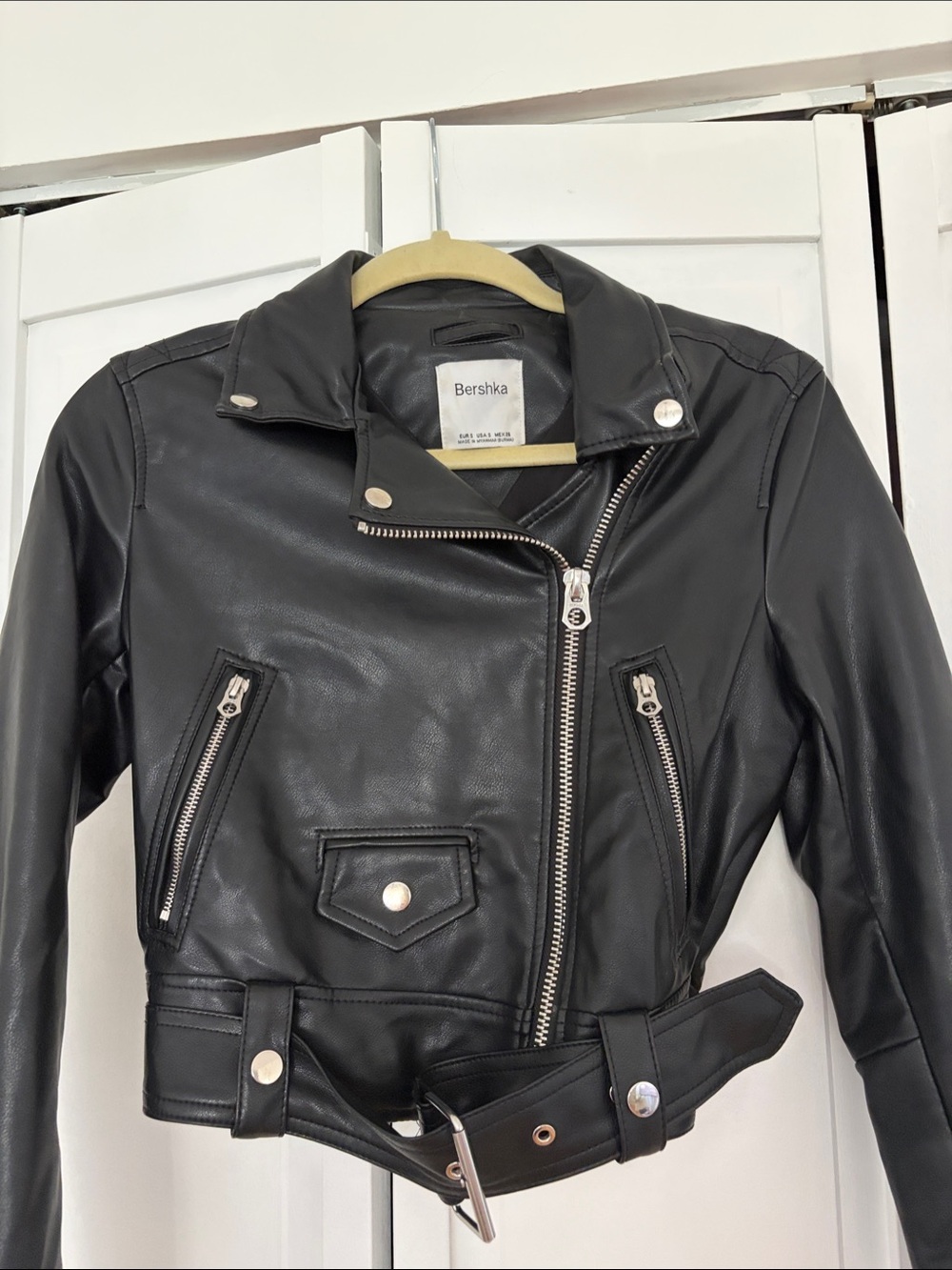 Bershka Black Faux Leather Biker Jacket with Belt